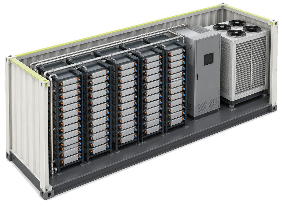 Cutaway of the storage container showing racked battery modules, liquid cooling pipes, a power distribution cabinet and the chiller.