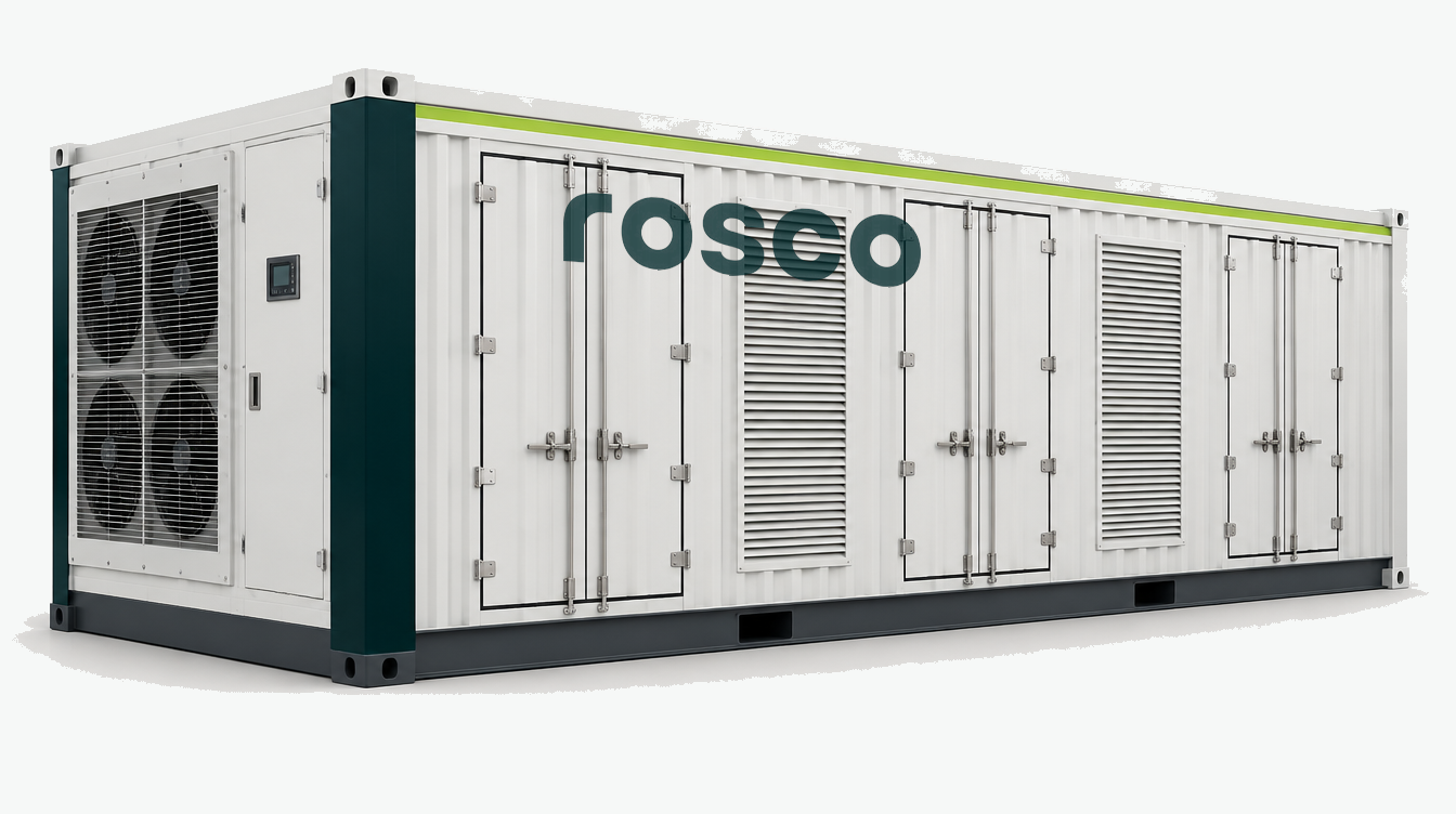 A Rosco Energy containerised battery energy storage unit, with ventilation louvers, access doors and an end-mounted cooling section.