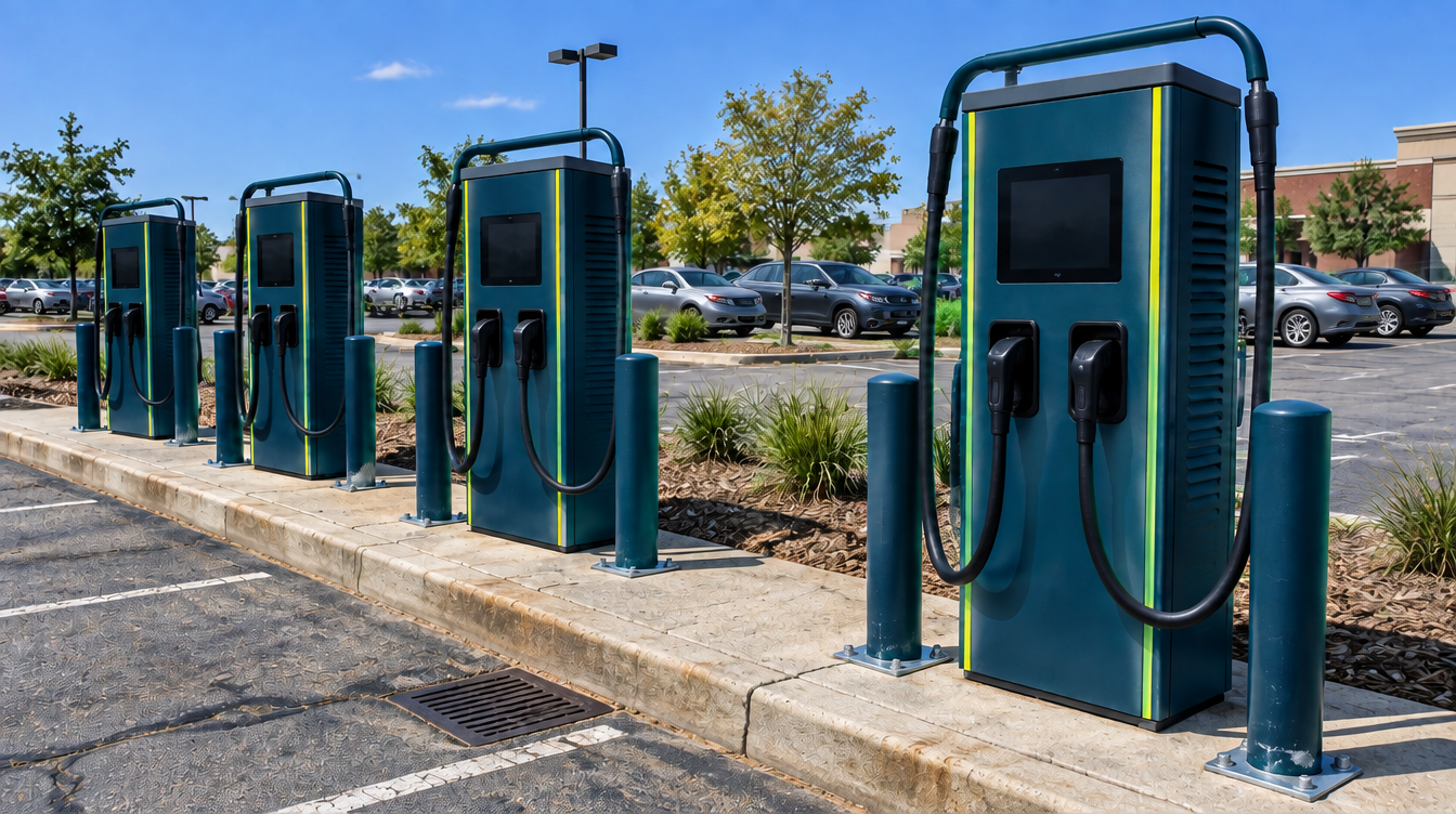 Four Rosco Energy DC fast chargers installed under a steel canopy in a commercial parking lot.